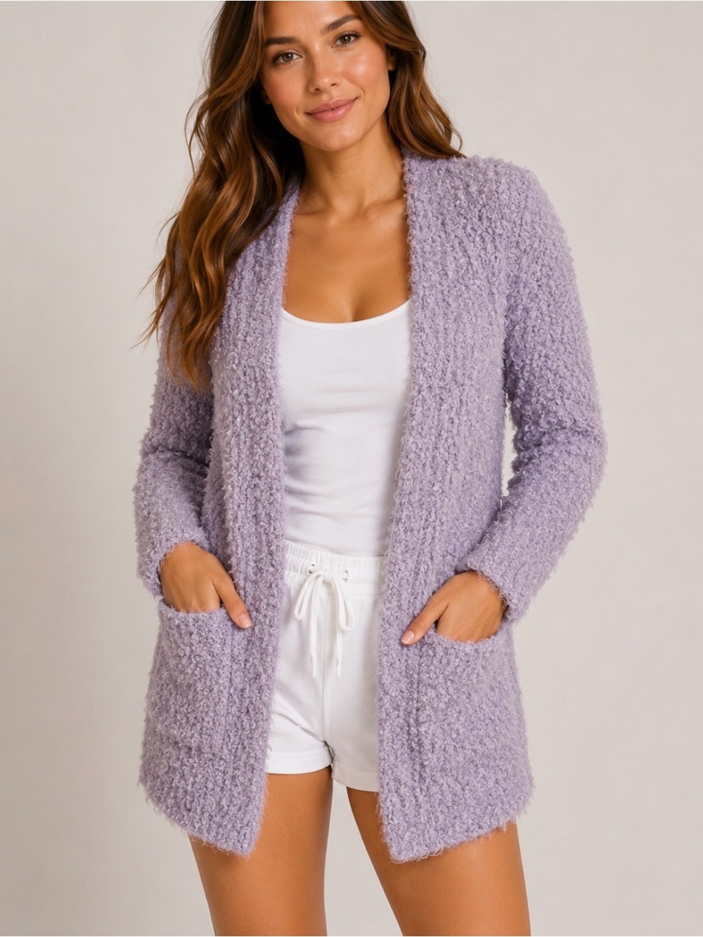 Woven Heart open front cardigan pale lilac eyelash detailing SZ XS